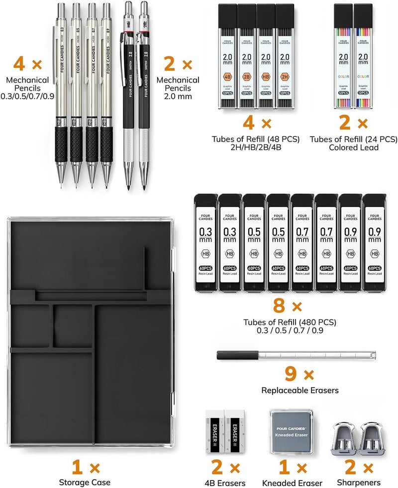 Four Candies 27PCS Art Mechanical Pencil Set with Case, 4PCS Metal Drawing Pencil 0.3, 0.5, 0.7, 0.9 mm & 2PCS 2mm Lead Holder (HB 2H 2B 4B Color) with 552 Graphite Lead Refills for Drawing Sketching - Image 4
